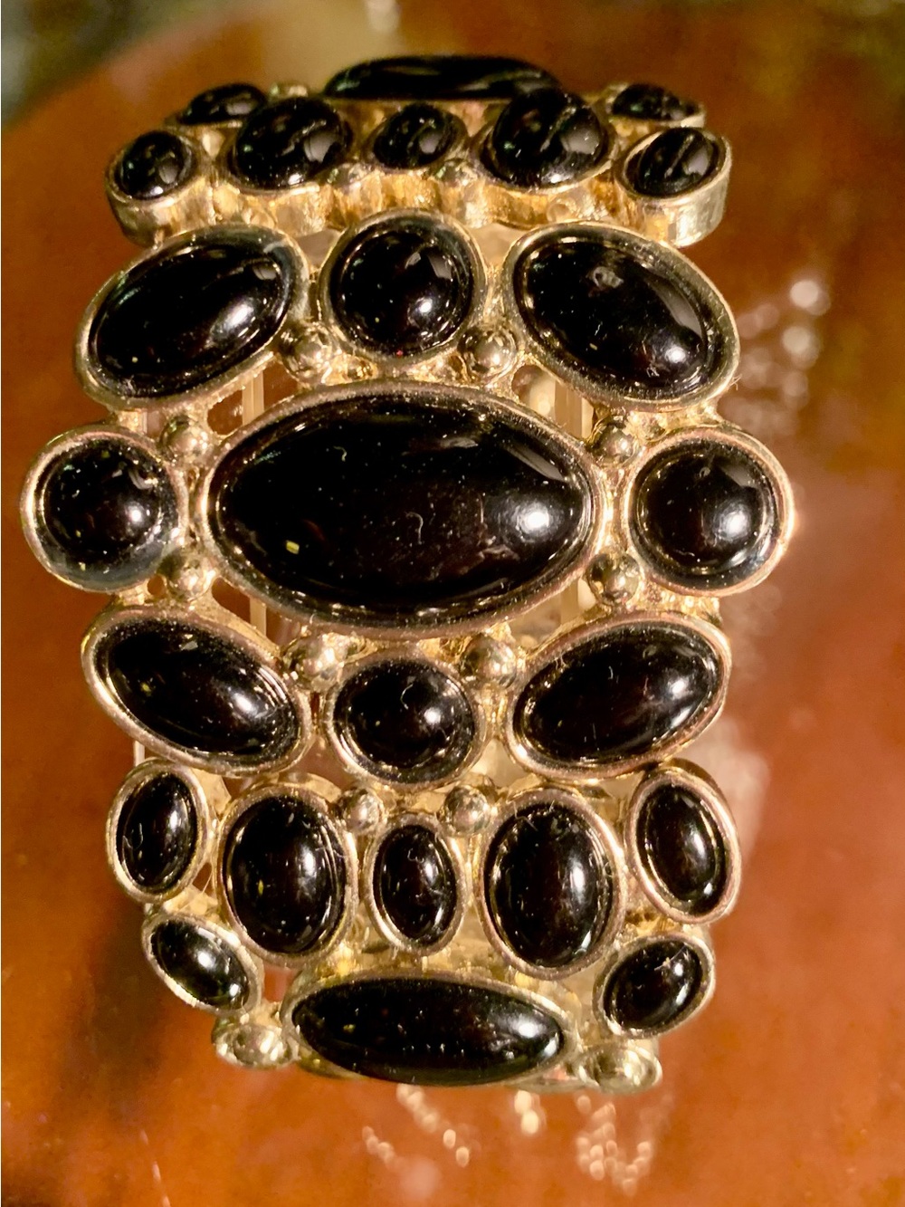 Gold-Tone Black Stone Statement Cuff Stretch Bracelet - Very Nice!